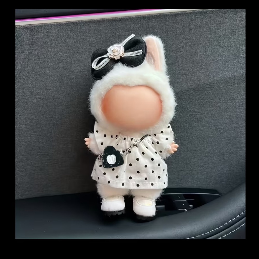 Adorable Labubu in White Polka Dot Dress - with a Bow and a Camera